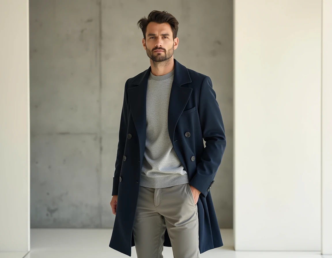 Acteur masculin en trench coat marine posant dans un studio épuré pour une publicité de mode Zalando 2025
