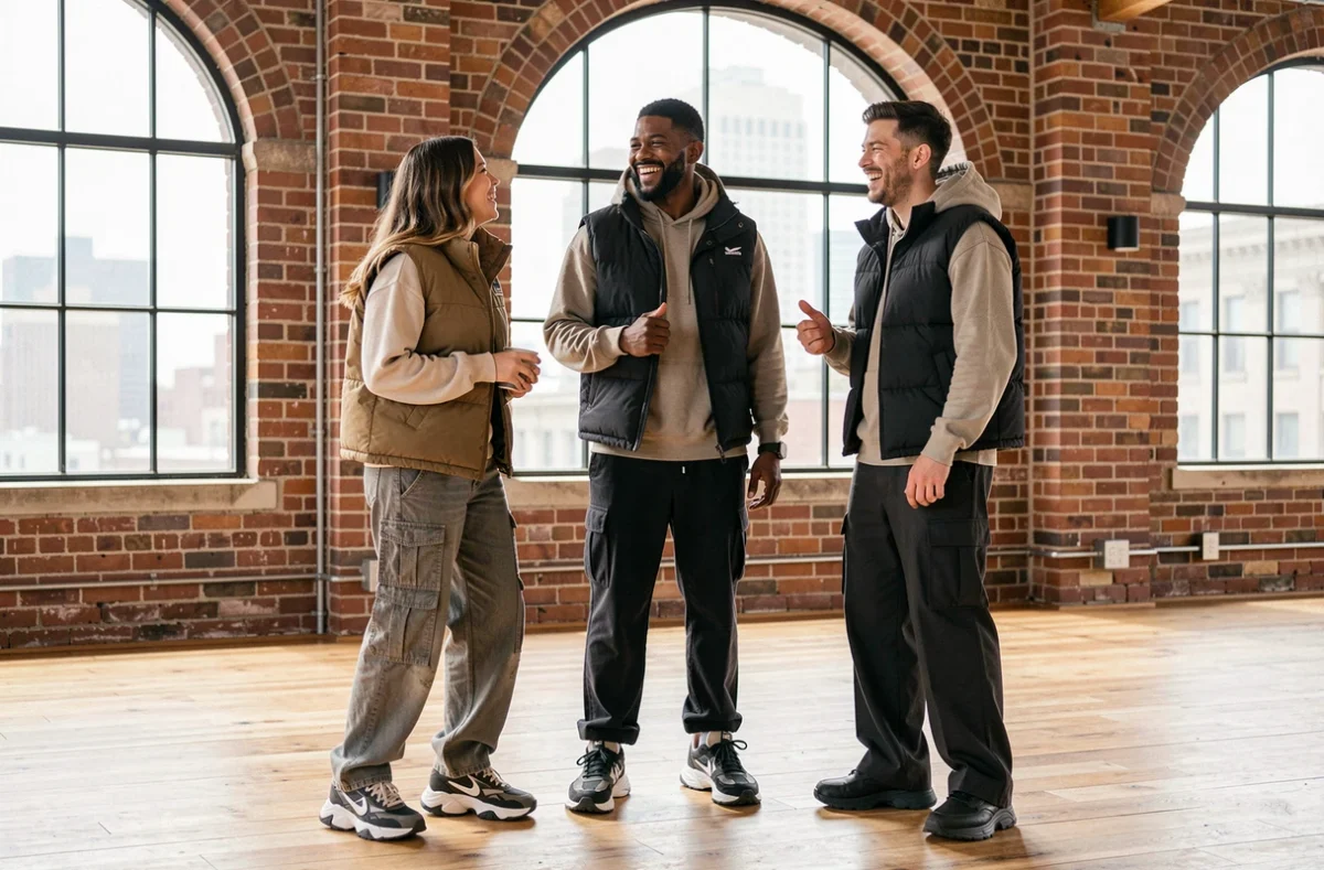 Groupe de trois jeunes adultes en tenues tendance Zalando riant dans un loft moderne lors d'un tournage publicitaire 2025
