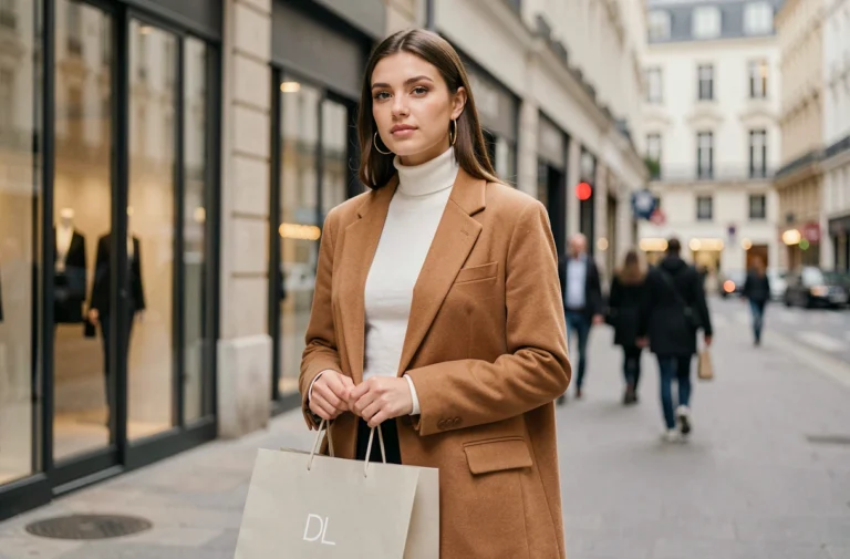 Jeune femme élégante tenant un sac de shopping dans une rue commerçante européenne, style campagne publicitaire Zalando 2025