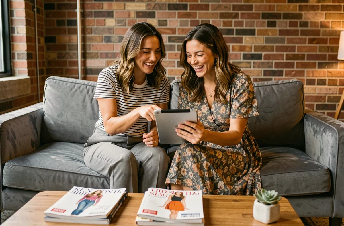 Deux amies comparant des tendances mode sur une tablette, shopping en ligne entre amies, bons plans et idées tenues