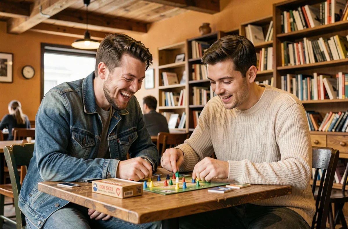 Deux amis jouant à un jeu de société dans un café cosy, moment de loisir convivial et détendu entre amis dans un cadre chaleureux