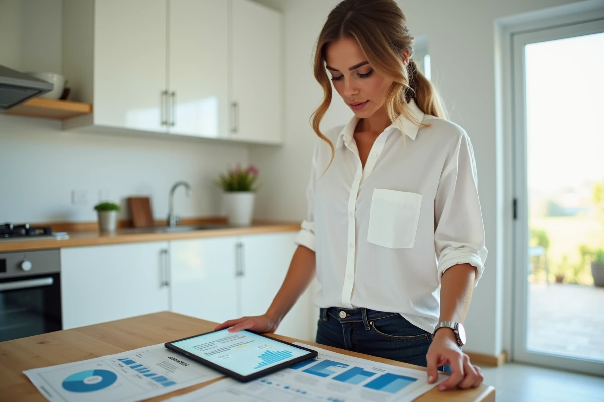 Femme analysant les données de consommation électrique de sa pompe de piscine sur tablette et documents imprimés