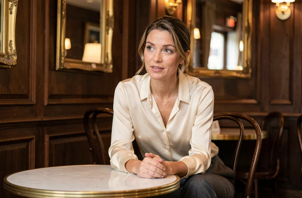 Femme élégante en apparition discrète dans une brasserie parisienne, révélant des indices sur sa vie privée