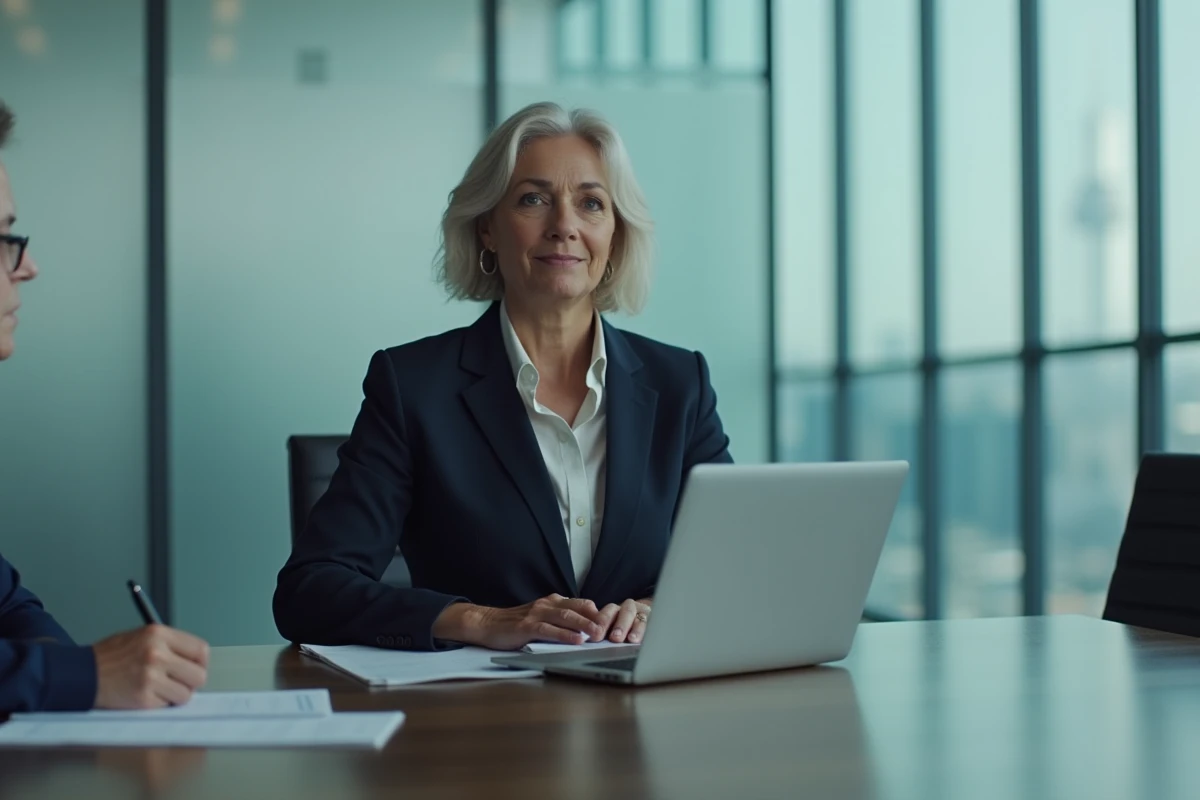 Avocate ou médiatrice familiale professionnelle assise dans un bureau, représentant les questions juridiques liées à la paternité