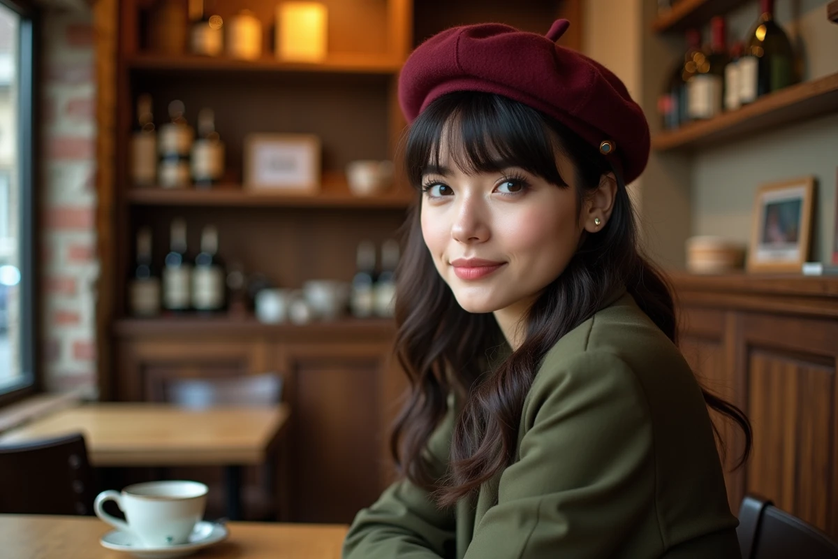 Jeune femme avec une frange et un béret bordeaux dans un café aux murs en briques apparentes