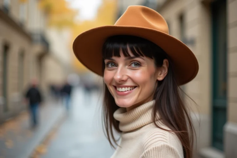 Femme aux cheveux frangés portant un chapeau à larges bords en feutre caramel dans une rue parisienne en automne