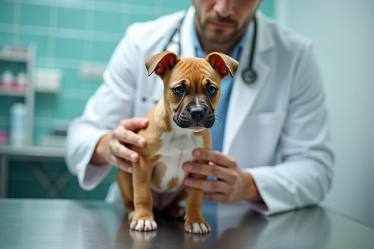 Chiot Pocket American Bully fauve examiné par un vétérinaire dans une clinique professionnelle