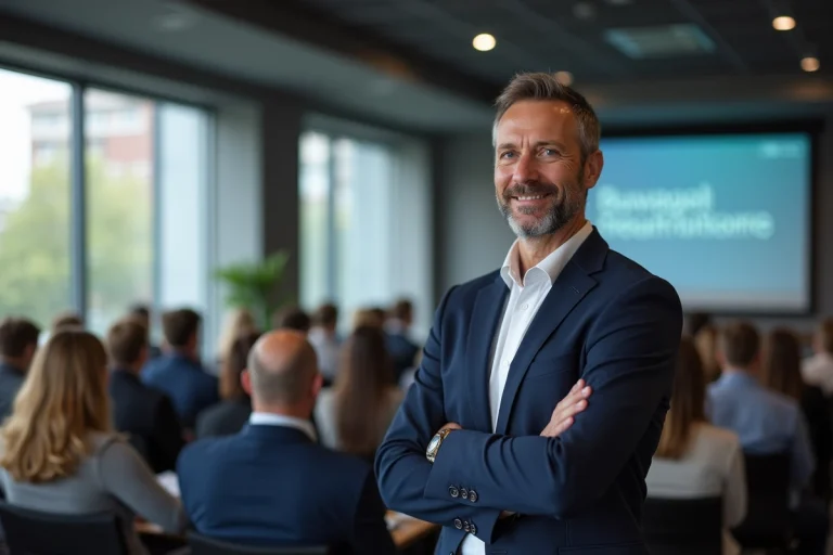 Coach de formation professionnel animant un séminaire de développement personnel devant un public attentif dans une salle de conférence moderne