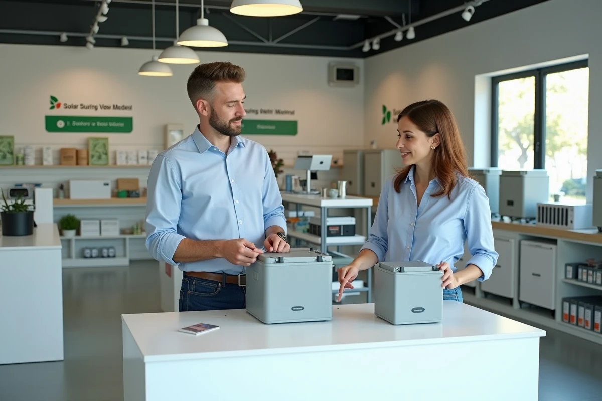 Deux clients comparant des modèles de batteries solaires en location dans une boutique spécialisée en énergie renouvelable