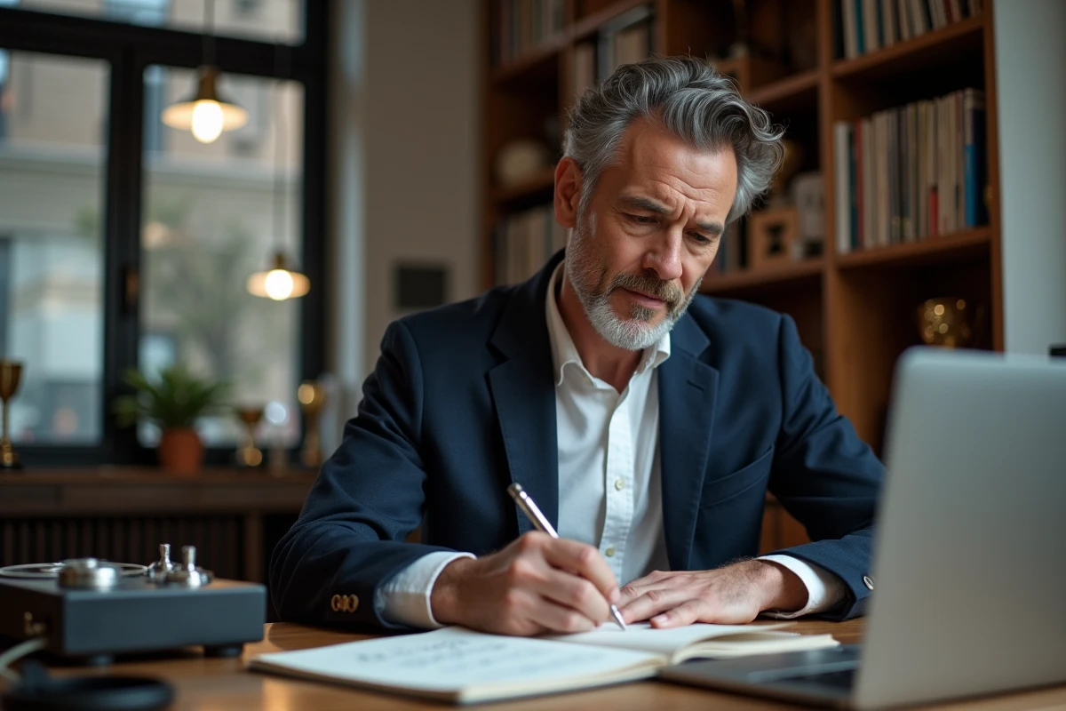 Compositeur écrivant des notations musicales dans un carnet dans un studio à domicile avec matériel audio vintage