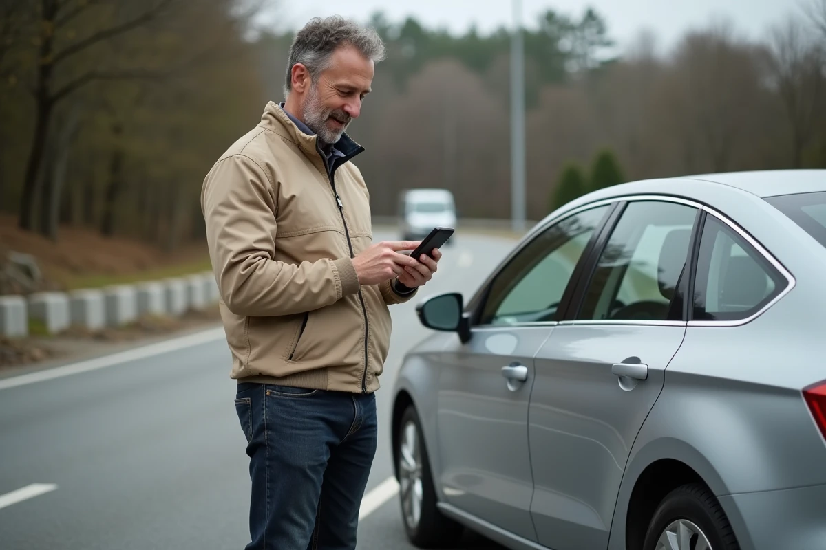 Conducteur BlaBlaCar vérifiant ses gains et tarifs sur smartphone à côté de sa voiture sur une aire d'autoroute