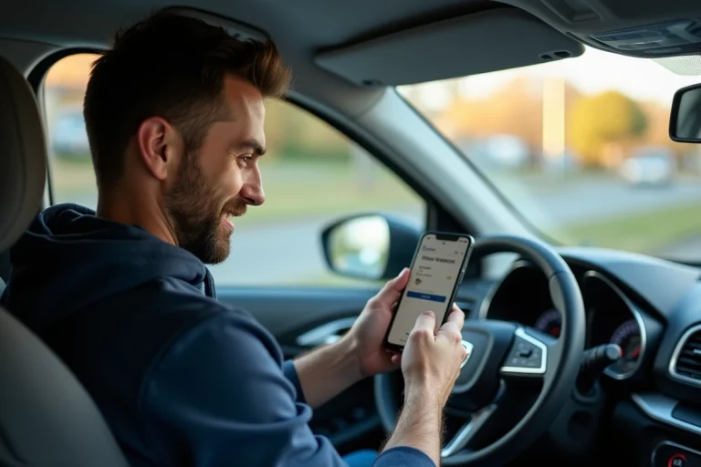 Conducteur BlaBlaCar consultant l'application sur son smartphone pour optimiser ses tarifs de covoiturage