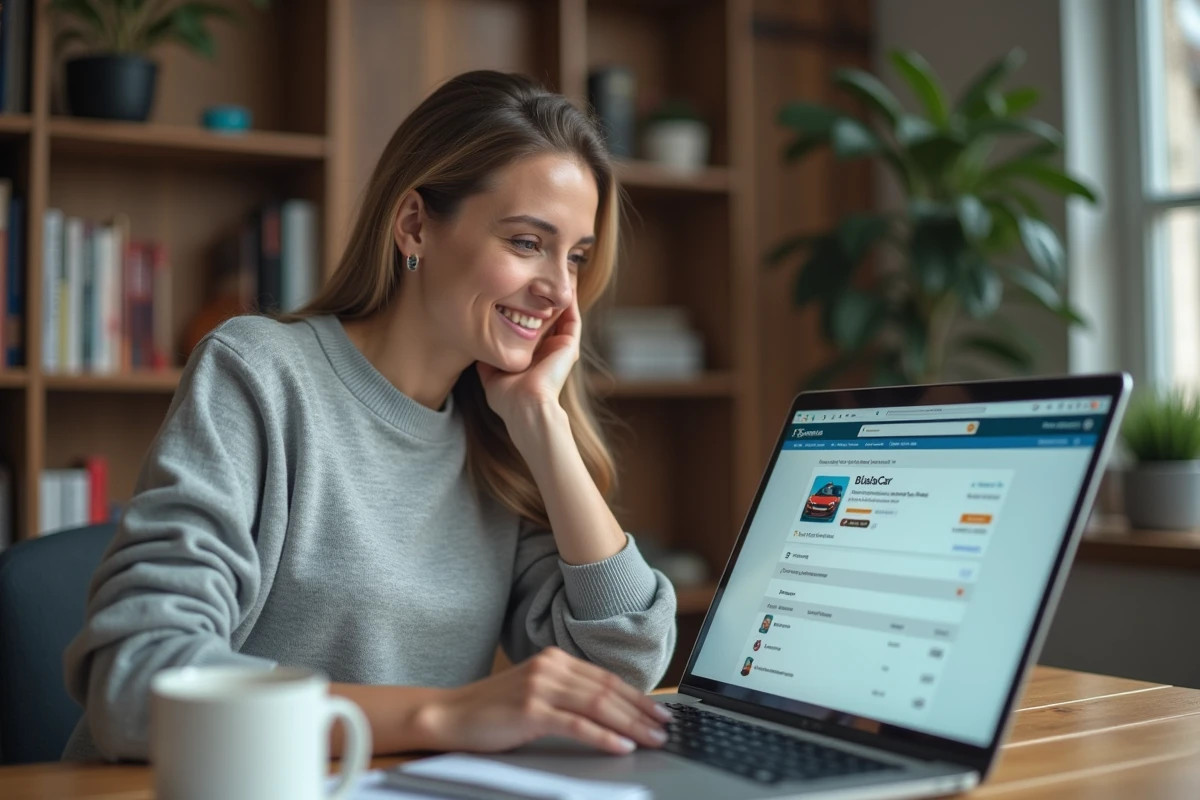 Femme conductrice configurant ses prix sur BlaBlaCar depuis son ordinateur portable à la maison