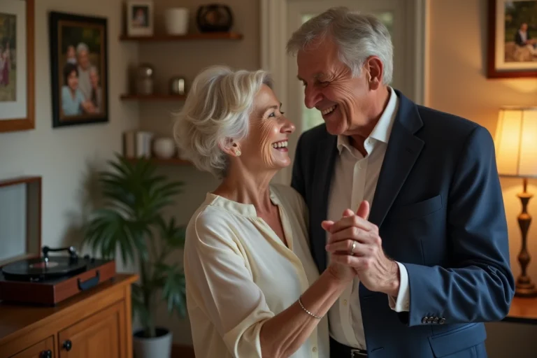 Couple de personnes âgées dansant tendrement dans leur salon pour leurs 50 ans de mariage
