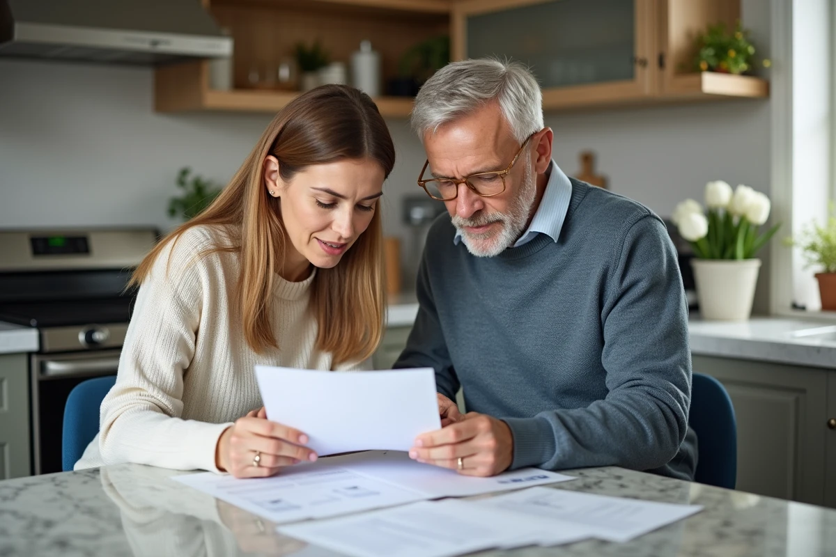 Couple en cuisine examinant des documents immobiliers avec attention
