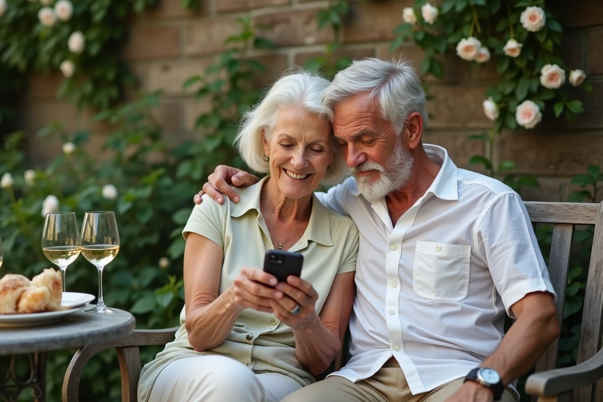 Couple de personnes âgées choisissant ensemble une chanson sur smartphone pour leurs 50 ans de mariage au jardin