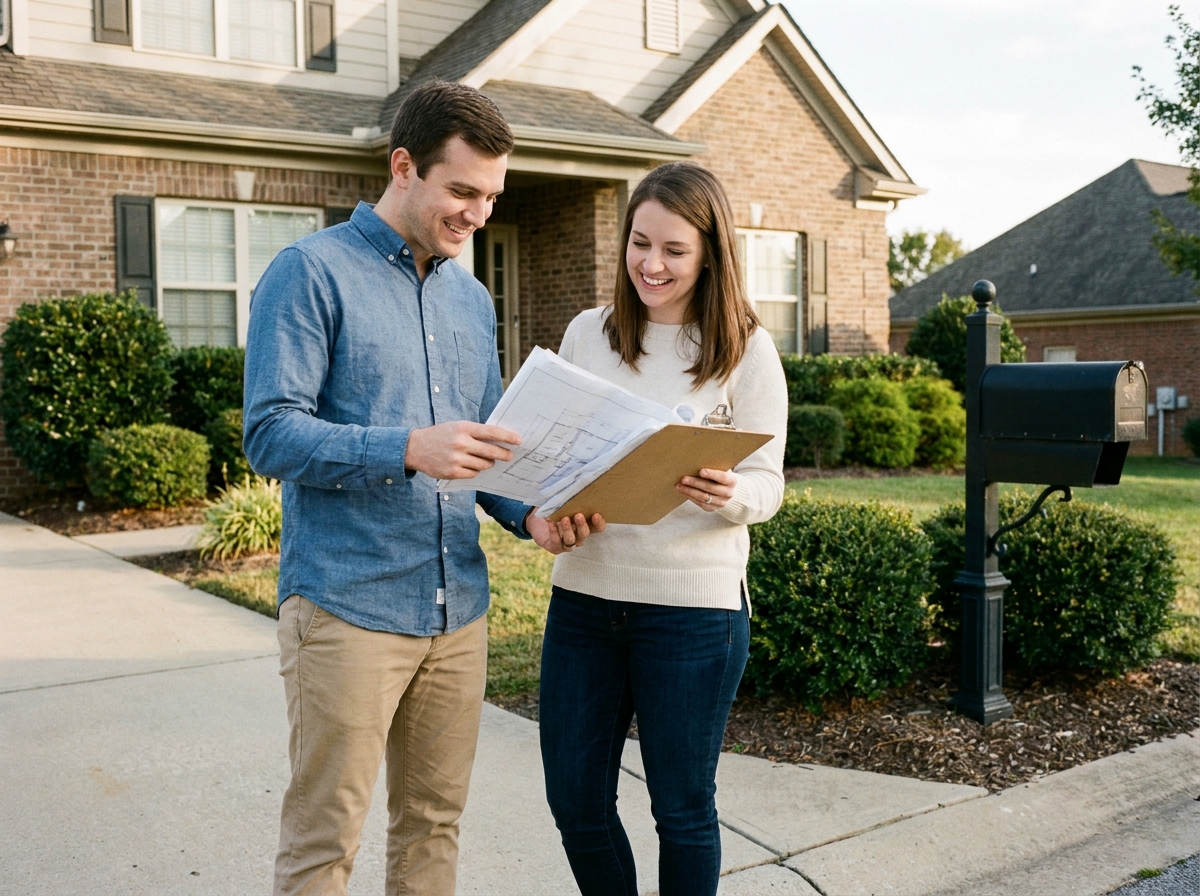 Jeune couple devant une maison en examinant des plans