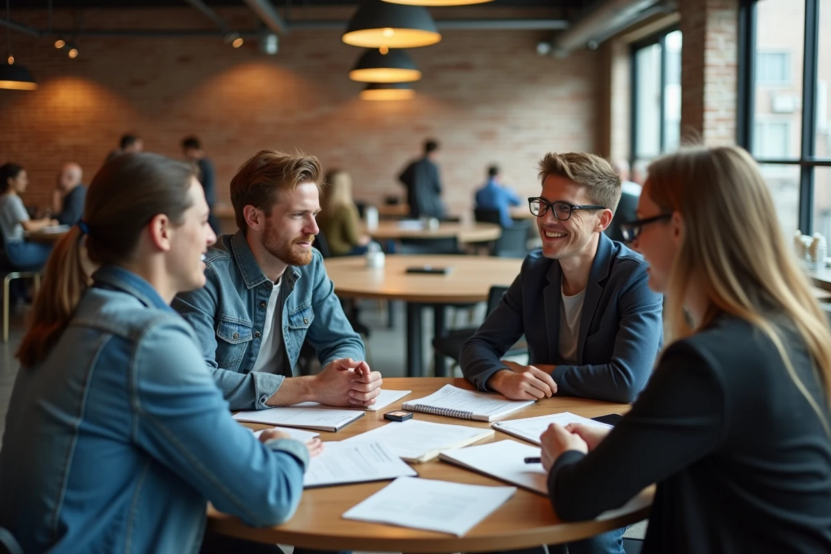 Groupe de professionnels débattant des avis et critiques sur un programme de coaching de formation autour d'une table dans un espace de coworking