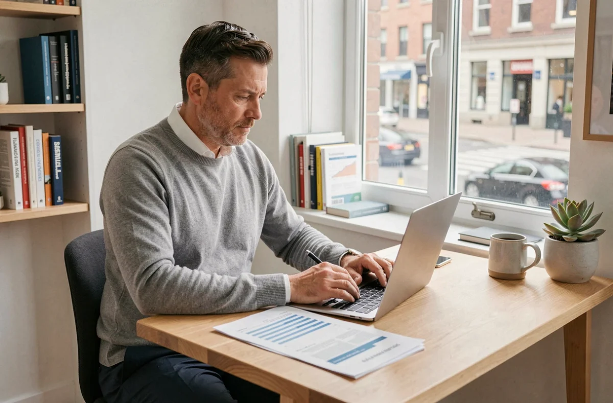 Entrepreneur concentré travaillant seul dans un bureau à domicile minimaliste, analysant des rapports financiers