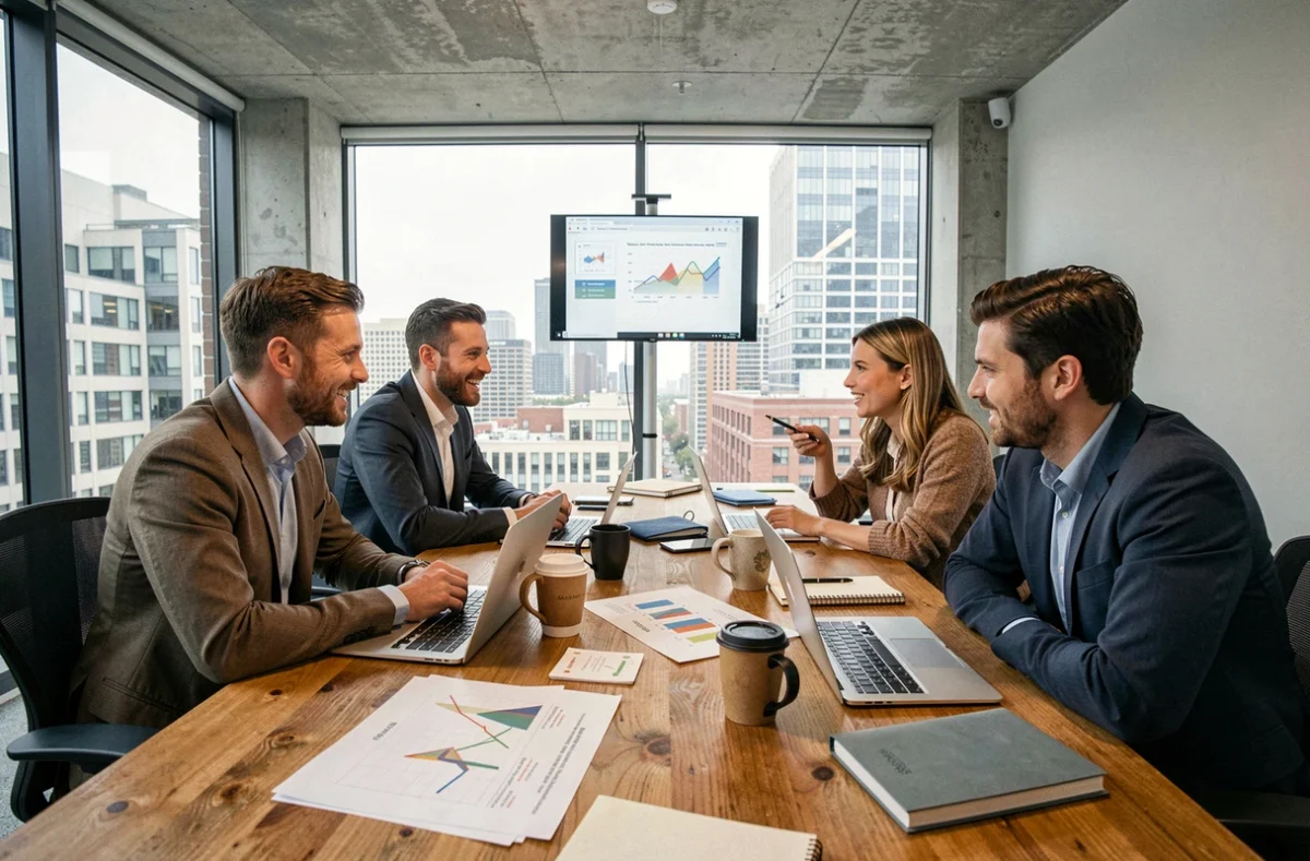 Équipe de jeunes professionnels en séance de brainstorming autour d'une table de réunion dans une startup urbaine