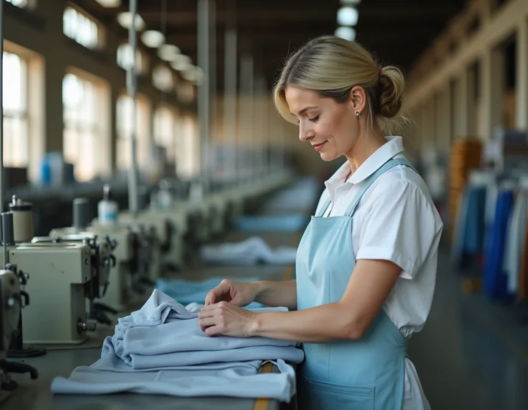 Ouvrière textile inspectant un vêtement sur une chaîne de production dans une usine de confection, illustrant la fabrication des collections Camaïeu