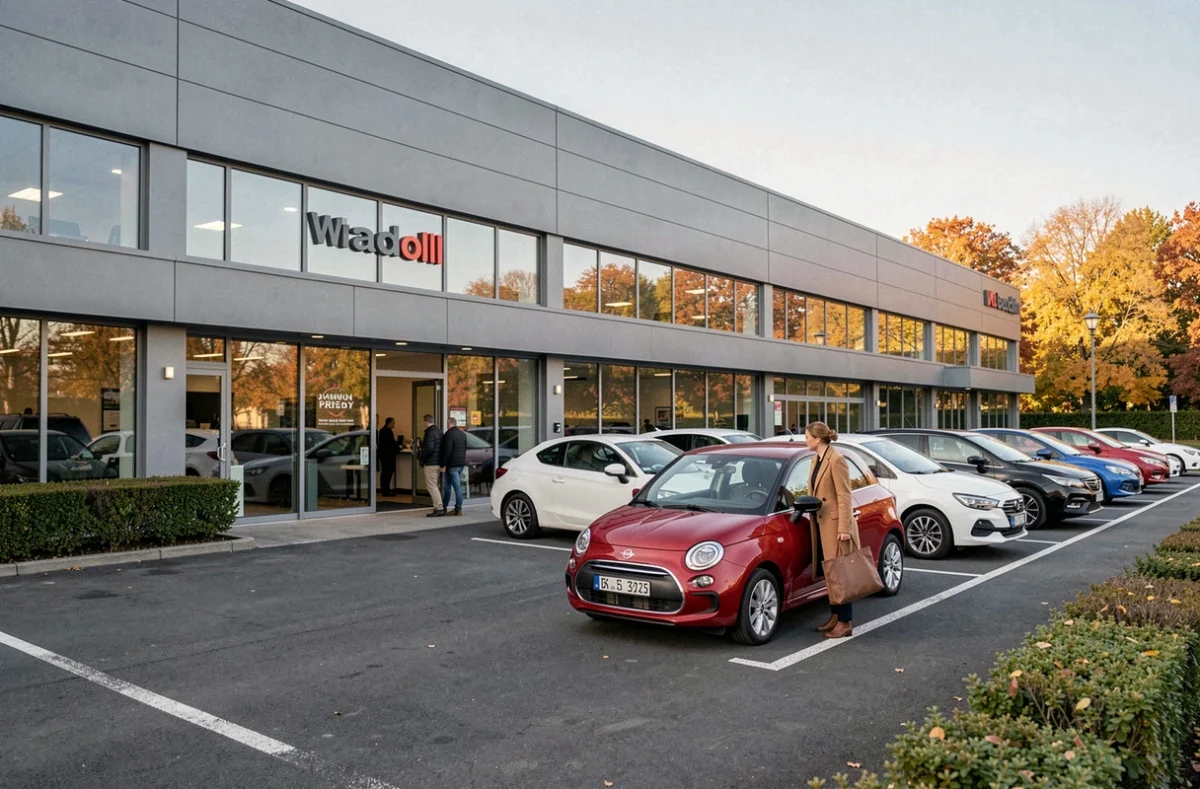 Façade extérieure du concessionnaire Rognac Auto avec parking de véhicules neufs et clients en visite