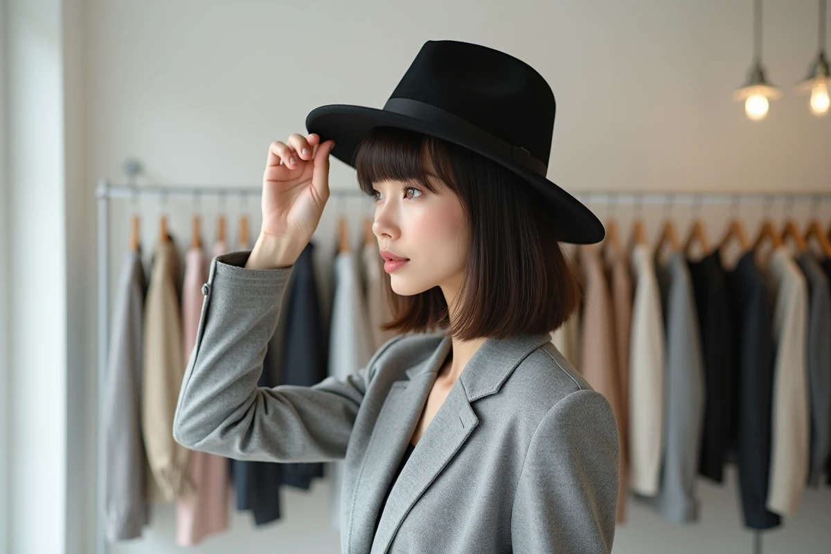Femme à la frange épaisse essayant un fedora noir dans une boutique de vêtements minimaliste