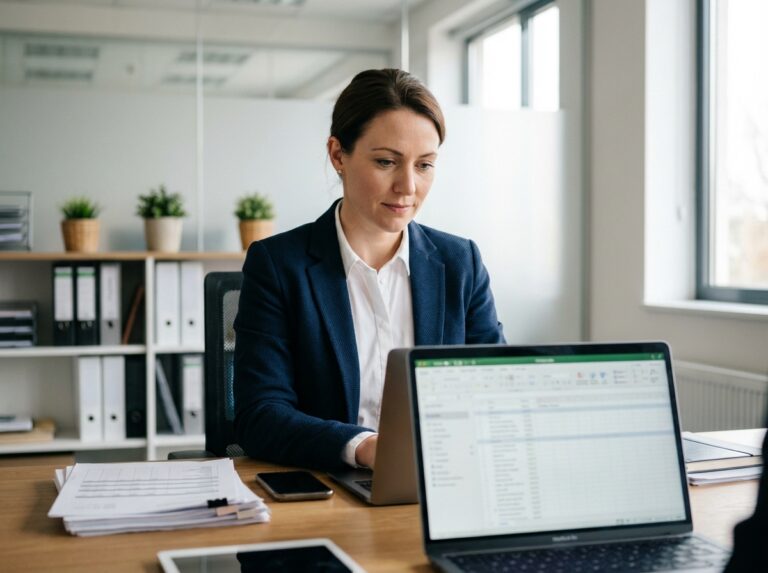 Femme d'affaires en blazer navy au bureau moderne