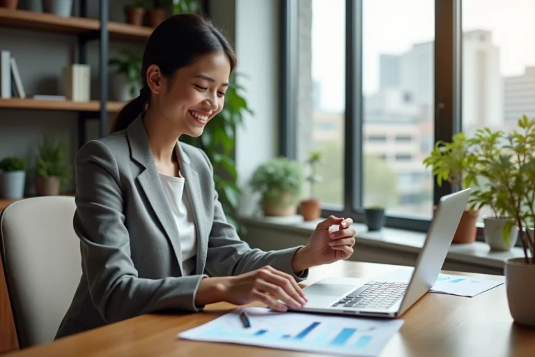 Jeune femme d'affaires souriante dans un bureau moderne