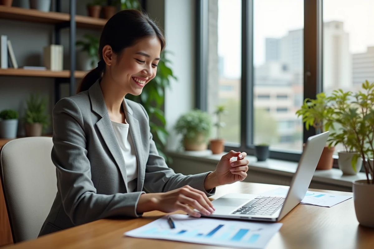 Jeune femme d'affaires souriante dans un bureau moderne
