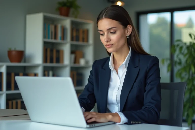 Femme d'affaires en bureau en train d'écrire un email