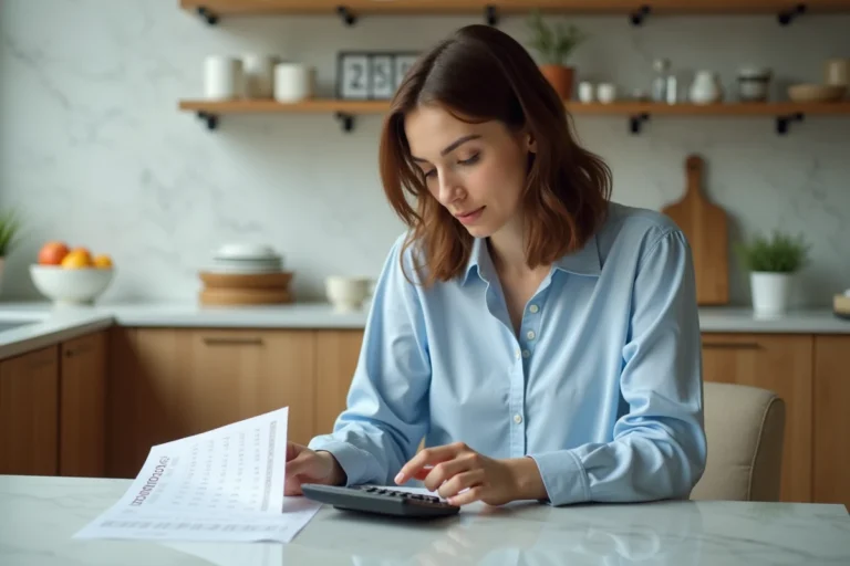 Femme utilisant une calculatrice dans une cuisine lumineuse