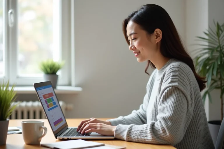 Femme en pull gris créant un site internet professionnel sur un ordinateur portable dans un bureau à domicile