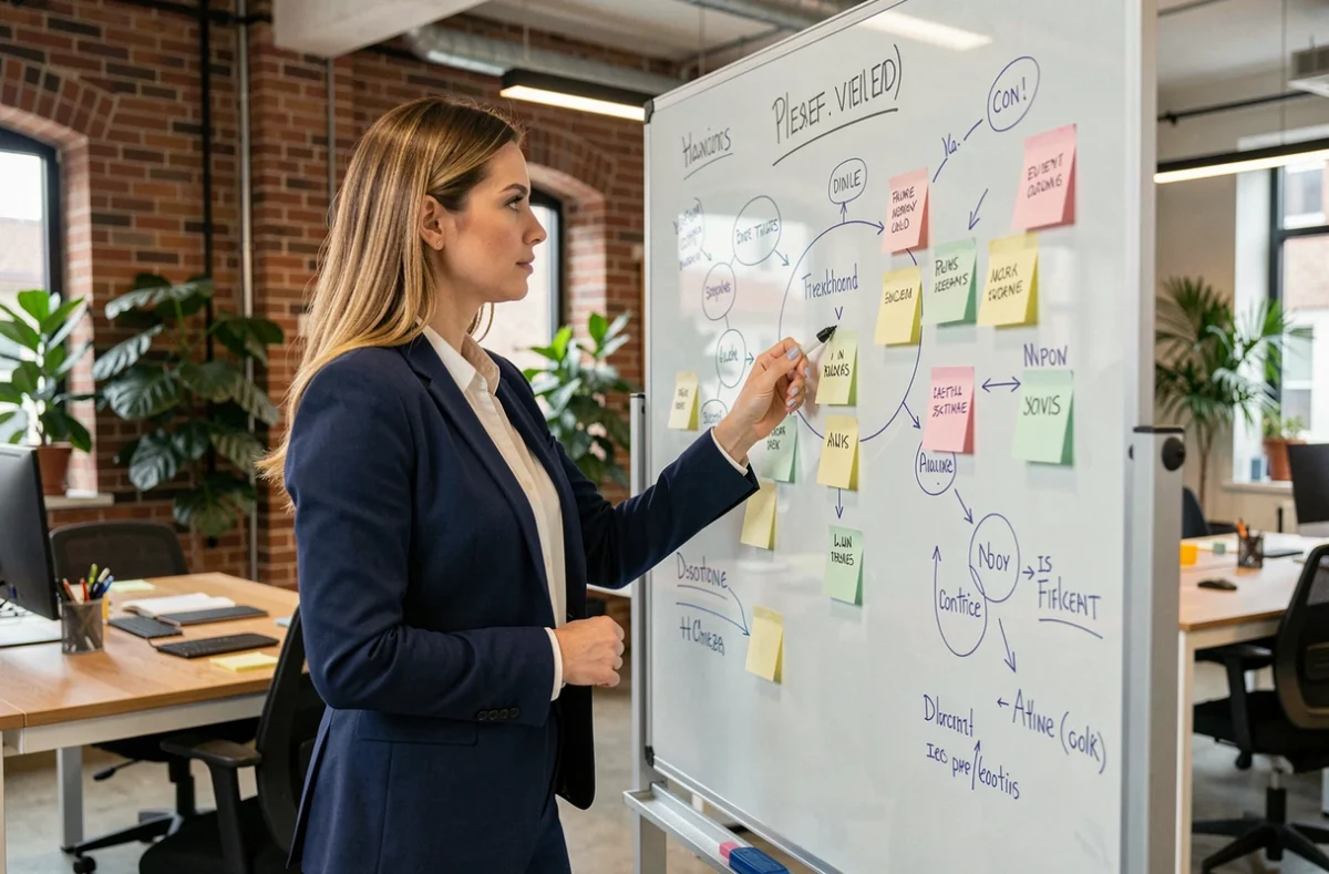 Femme entrepreneure confiante devant un tableau blanc dans un espace de co-working moderne, illustrant l'esprit d'entreprise