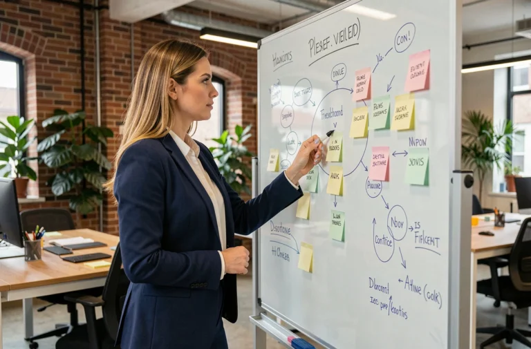Femme entrepreneure confiante devant un tableau blanc dans un espace de co-working moderne, illustrant l'esprit d'entreprise