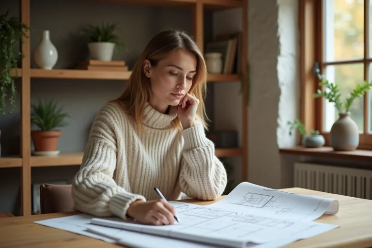Femme en train d'étudier des plans dans une ambiance chaleureuse