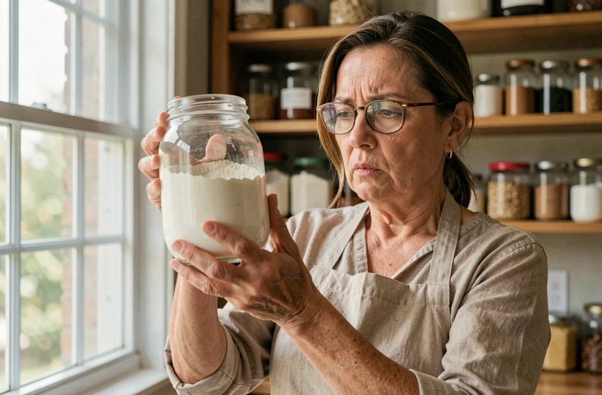 Femme inspectant un bocal en verre rempli de farine pour détecter la présence de cirons ou d'insectes dans sa cuisine