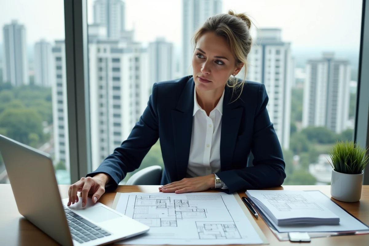 Femme professionnelle analysant des documents immobiliers et des plans d'architecte dans un bureau moderne avec vue sur la ville