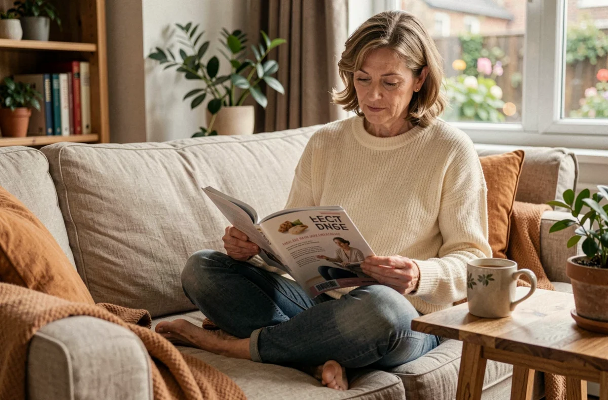 Femme d'âge mûr lisant un magazine santé sur un canapé confortable avec une tasse de tisane, représentant la détente et le soin de soi au quotidien