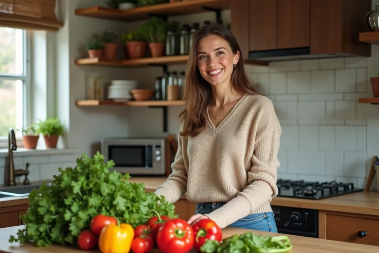 Femme souriante choisissant des légumes frais dans la cuisine