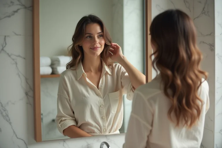 Femme dans la salle de bain en reflet naturel