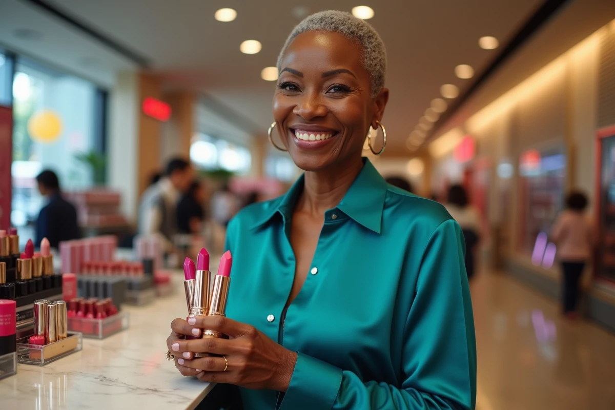 Femme noire souriante tenant des rouges à lèvres dans un magasin de maquillage