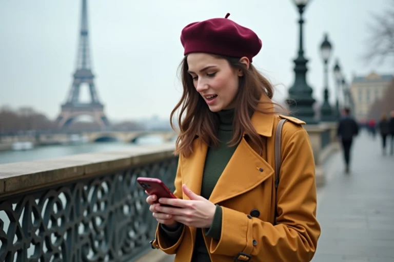 Jeune femme parisienne consultant son smartphone sur le Pont des Arts avec la Tour Eiffel en arrière-plan