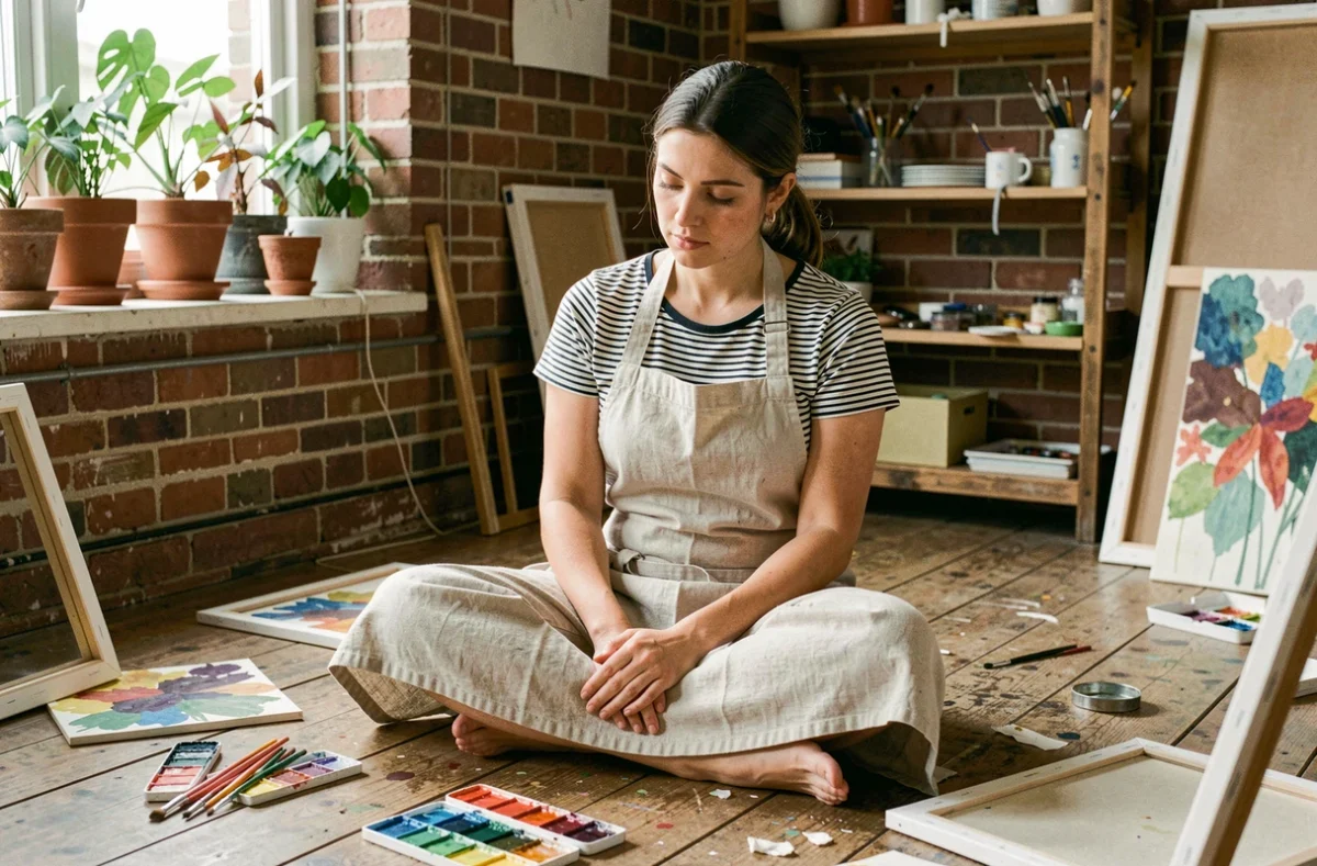 Femme en train de peindre à l'aquarelle dans un atelier créatif à domicile, entourée de pinceaux et de toiles, activité de loisir artistique au quotidien