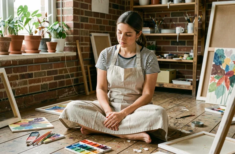 Femme en train de peindre à l'aquarelle dans un atelier créatif à domicile, entourée de pinceaux et de toiles, activité de loisir artistique au quotidien