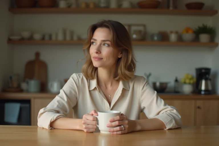 Femme pensive assise seule dans une cuisine, illustrant une situation familiale complexe et des questions de parentalité