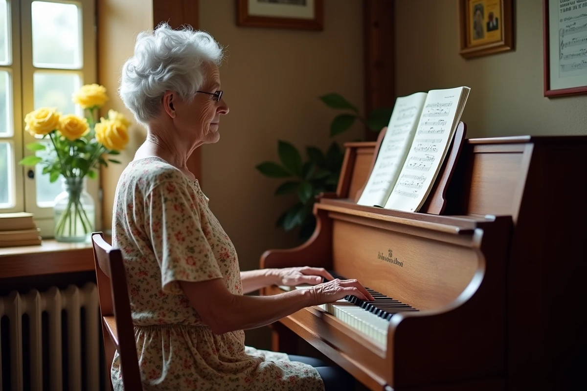 Femme âgée jouant du piano et choisissant une chanson pour les noces d'or de son mariage