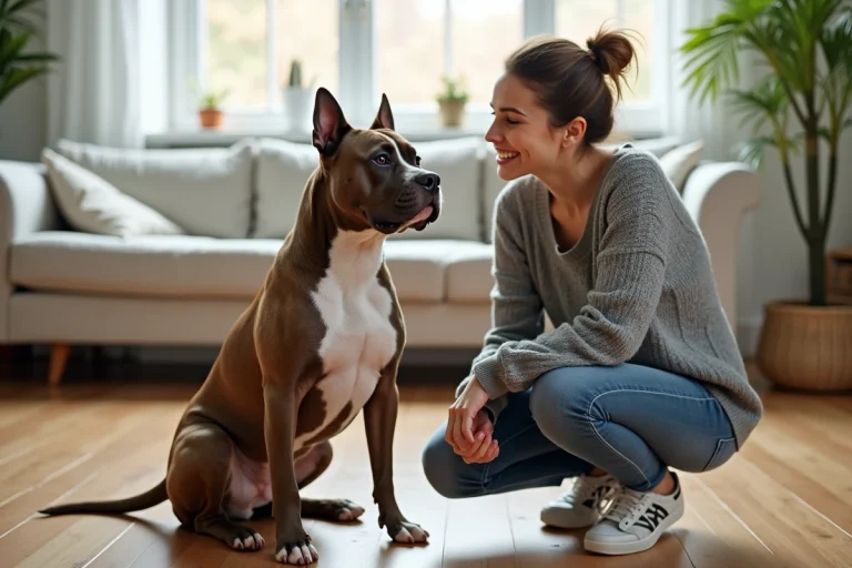 Jeune femme souriante avec son Pocket American Bully bringé assis sur un parquet en bois dans un salon chaleureux