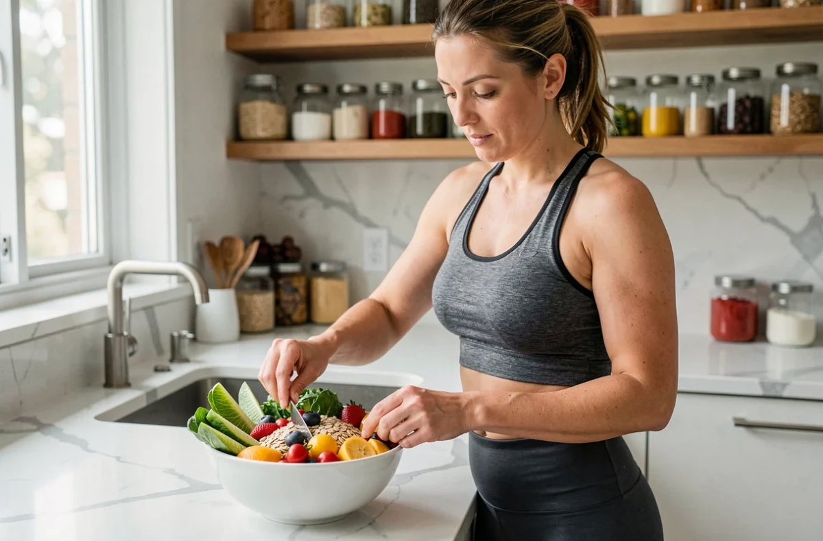 Femme préparant un bol santé coloré dans une cuisine moderne, illustrant les bonnes habitudes alimentaires au quotidien