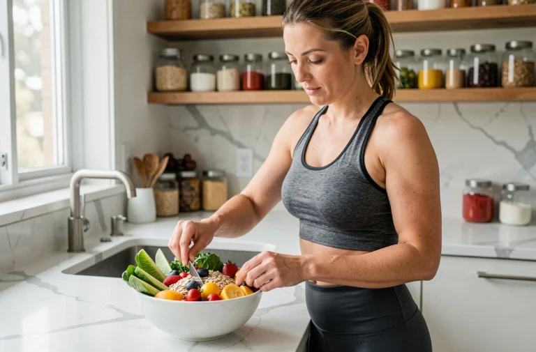 Femme préparant un bol santé coloré dans une cuisine moderne, illustrant les bonnes habitudes alimentaires au quotidien